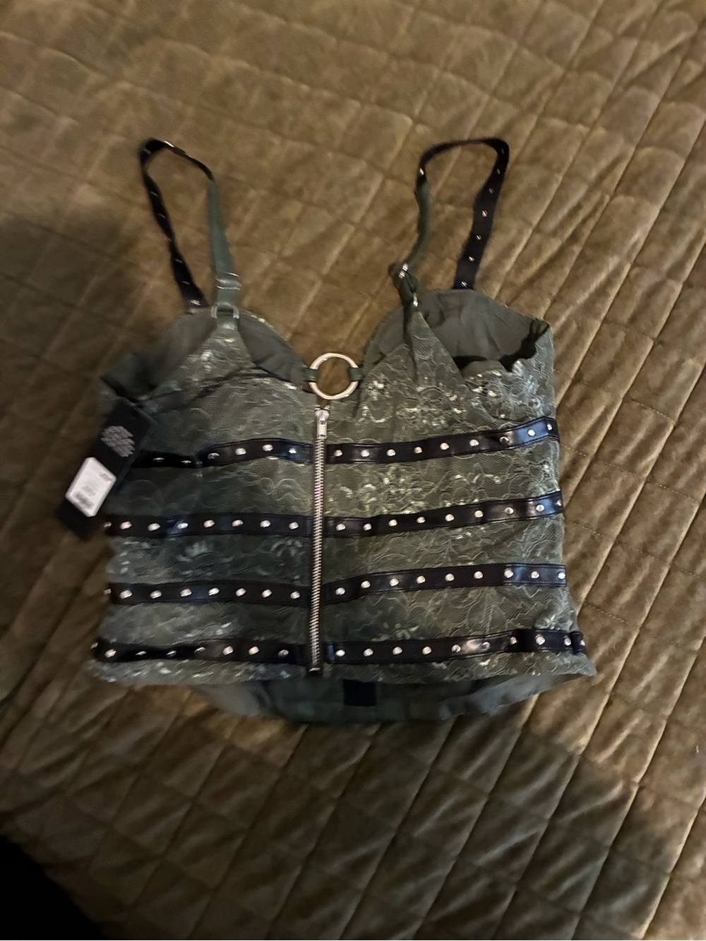 Fashion Nova Olive Lace Studded Zip Cami